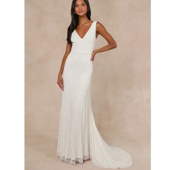 NWT Lulus Passionate Romance White Beaded Sequin Mermaid Maxi Dress Size S